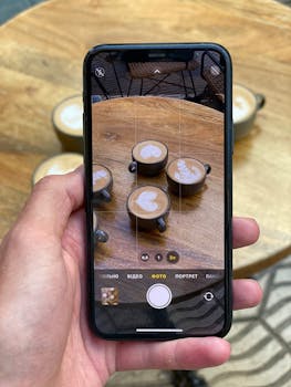 A hand holds a smartphone displaying cappuccinos with latte art on a wooden table.