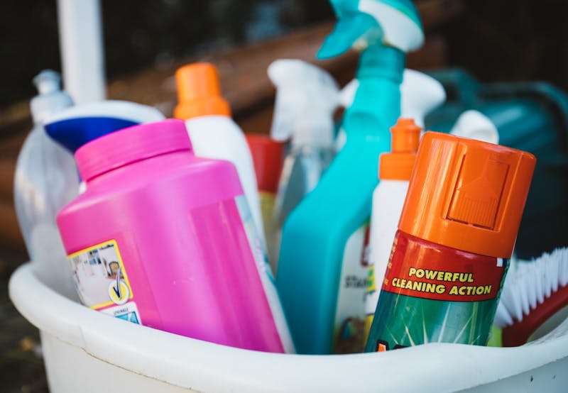 Cleaning supplies in a bucket ready for household cleaning