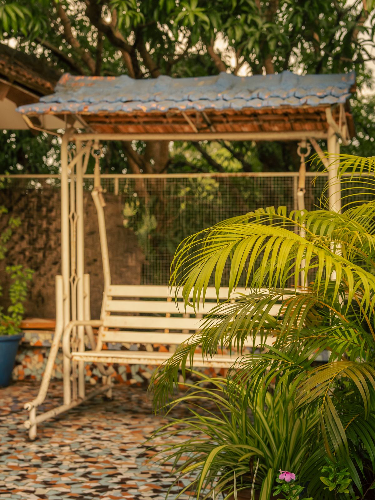 Relaxing outdoor swing surrounded by lush greenery in an Anjuna, Goa garden setting. Stock Photo.