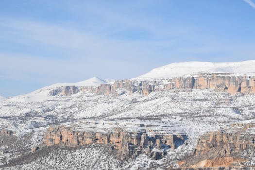 Scenic view of snowy mountains with clear blue sky, perfect for winter travel imagery.