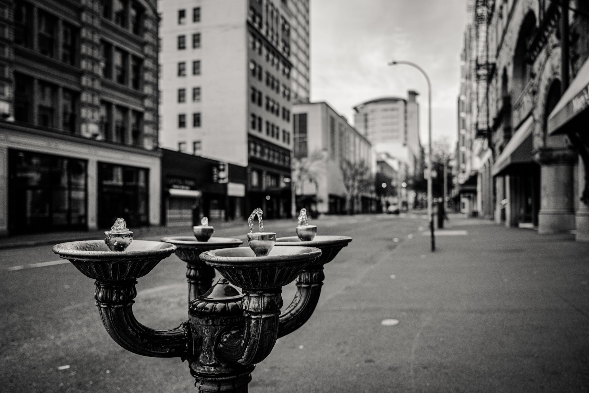 Black and white image of an empty Portland street with a vintage fountain in focus.