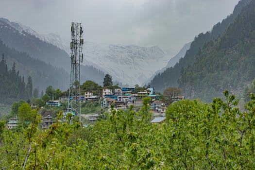 Captivating landscape of Manali village surrounded by lush greenery and snow-capped mountains.
