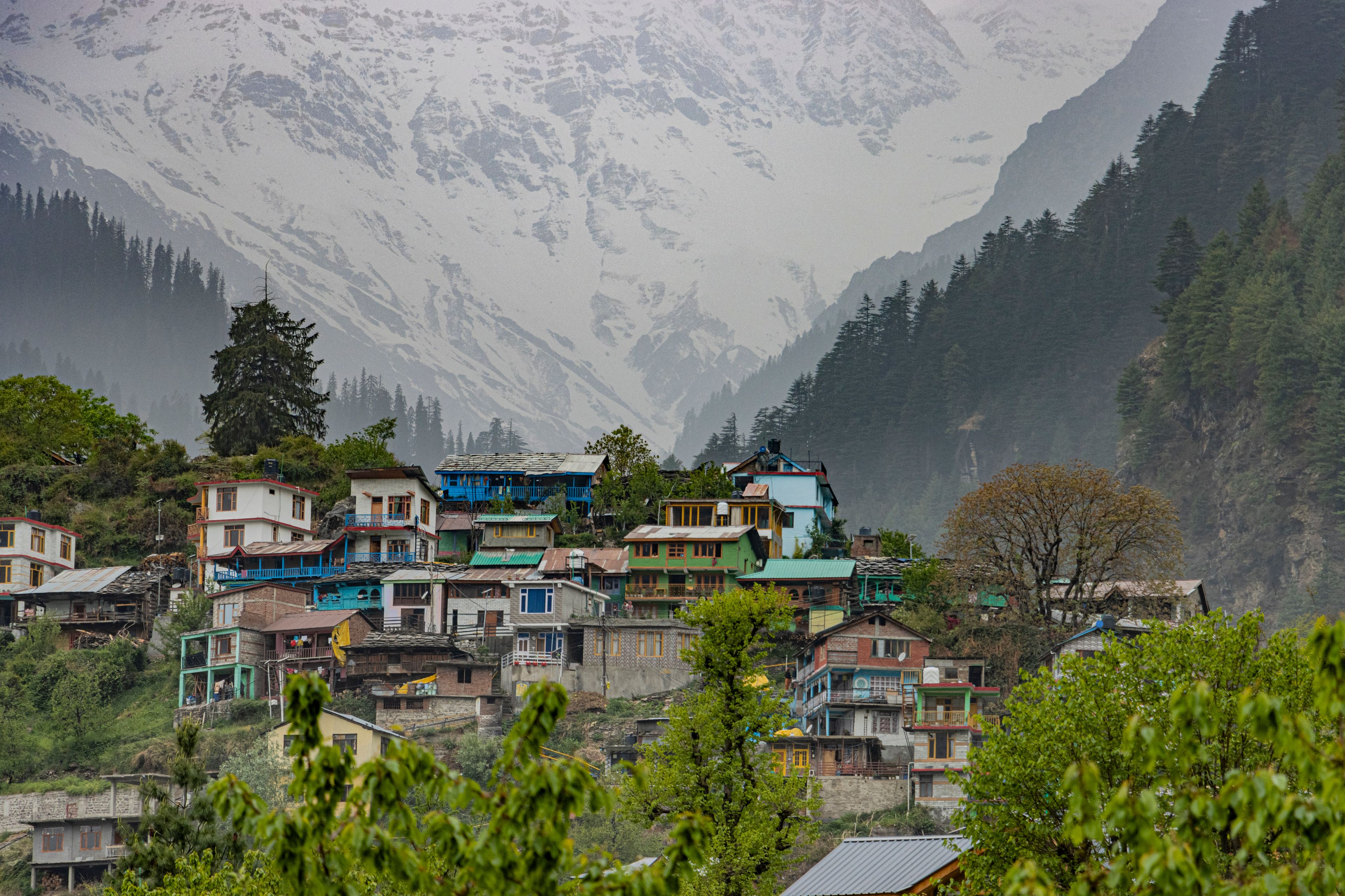 Colourful houses on a hillside in Manali with misty snow-covered mountains behind