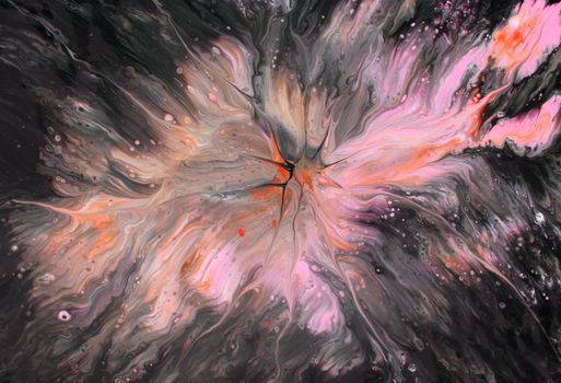 Vibrant abstract fluid art showcasing pink and orange hues blending into black.