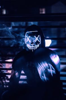 一个神秘人物戴着霓虹灯面具和连帽衫，在夜间拍摄，散发着神秘的气息