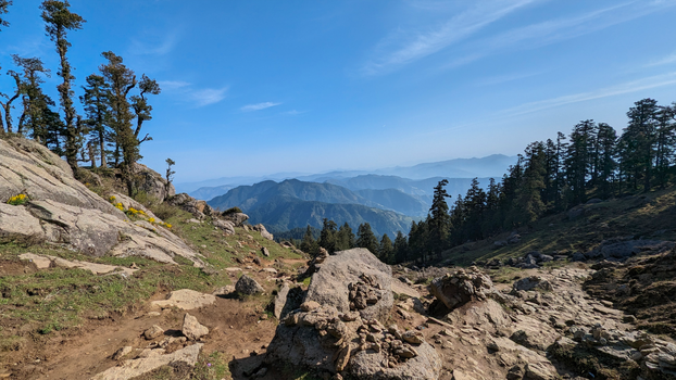 Breathtaking mountain view with rocky terrain and pine trees under a clear blue sky.