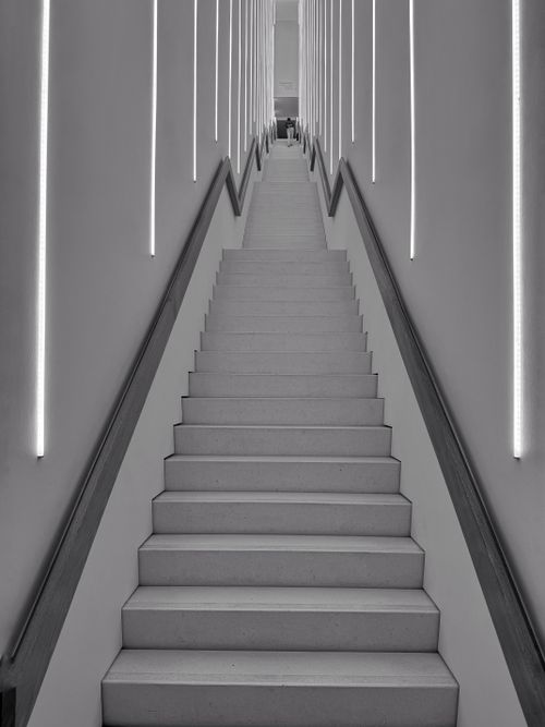 Free A futuristic staircase with modern vertical lighting design captured in black and white. Stock Photo
