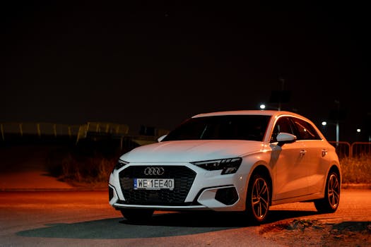 Sleek white car parked on street at night in Kokotów, Poland.