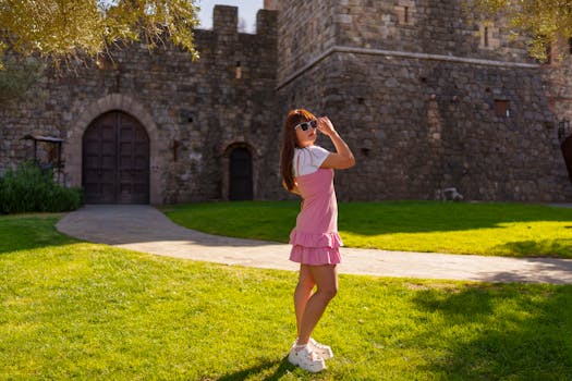 Woman in sunglasses and pink dress poses by historic stone castle in Calistoga, California.