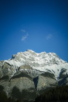 Stunning view of snow-capped mountains under a clear blue sky in the Canadian Rockies.
