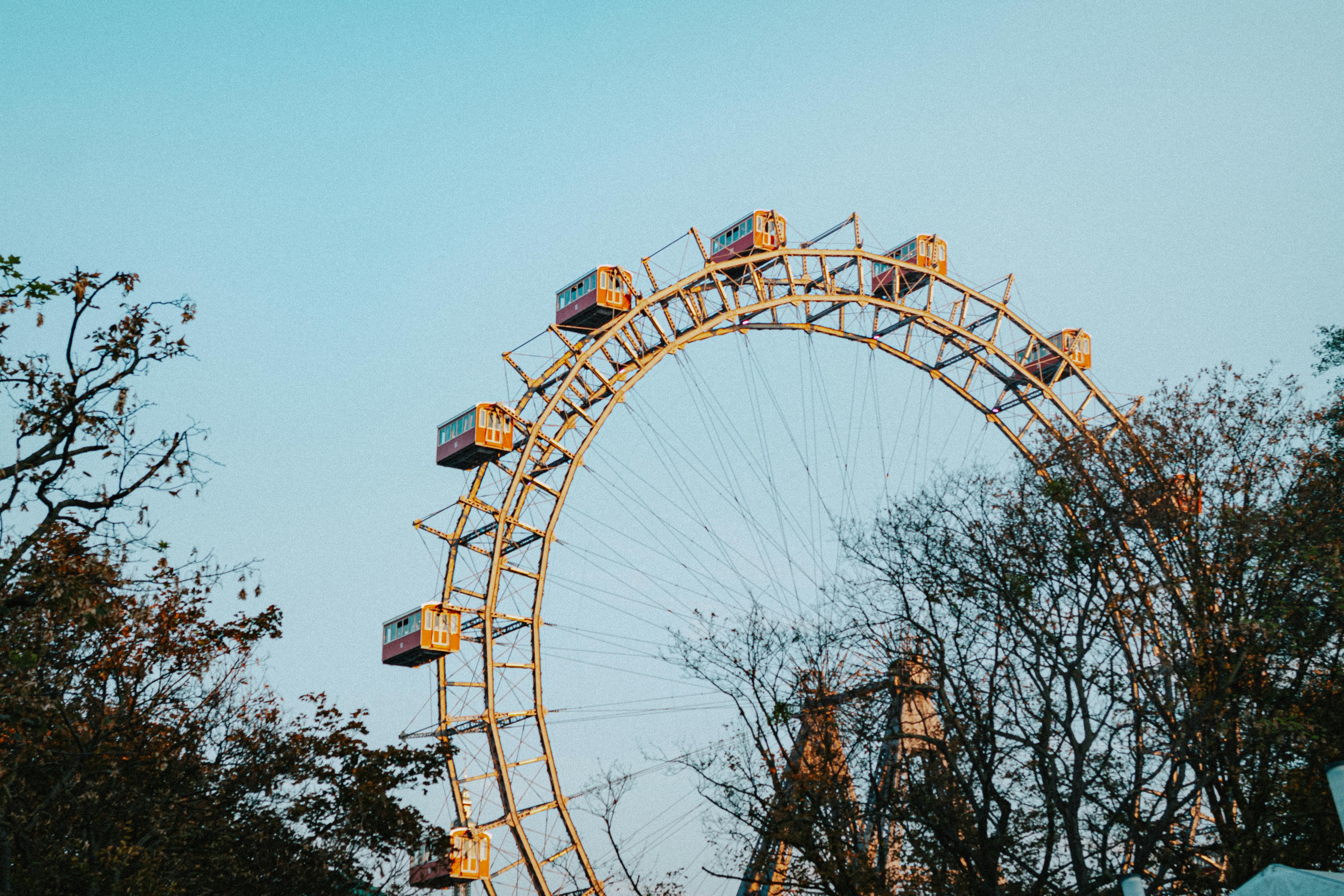 The iconic Riesenrad Ferris wheel in Vienna captured at dusk with a clear sky.