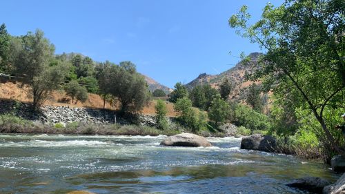 Free Tranquil view of the Merced River with trees and mountains in the backdrop, Yosemite National Park. Stock Photo