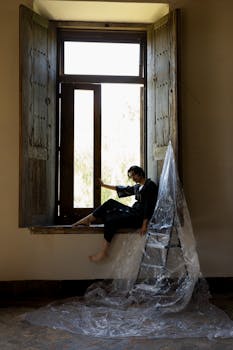 A woman sits on a window ledge in a rustic room, draped in plastic.