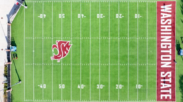 Aerial photograph of the Washington State University football field in Pullman, WA.