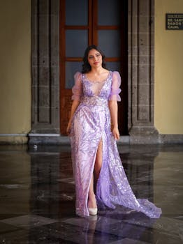 Woman in a stunning lavender evening gown at a historical venue in Mexico City.