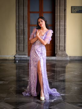 A woman in a purple gown poses gracefully indoors, exuding elegance in a historic setting.