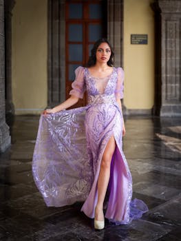 A woman in a lavender evening gown poses gracefully in a historic building.