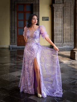 Stunning woman in lavender gown posing indoors in historic Mexico City location, capturing elegance and beauty.