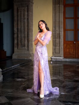 Stunning woman in ornate lavender gown poses in historic Ciudad de México interior, showcasing elegance and architectural charm.