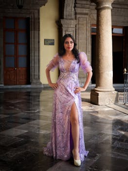 Woman in stunning purple gown posing at historic location in Mexico City.