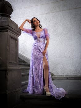 A woman gracefully poses in a lavender gown on stone stairs, exuding elegance.
