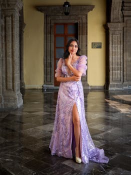 A woman in a purple evening gown poses elegantly in a historic building with stone architecture.