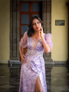 A stylish woman poses gracefully in a shimmering lilac evening gown within a classic indoor setting.