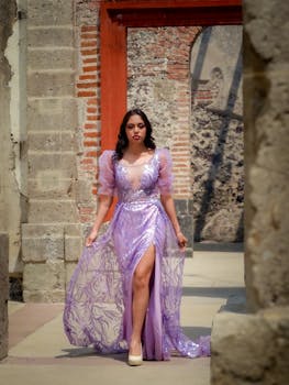 Stylish woman wearing a purple gown strolls through historic architecture in vibrant daylight.