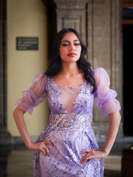 Confident woman in a shimmering purple dress poses elegantly at a historical venue in Mexico City.