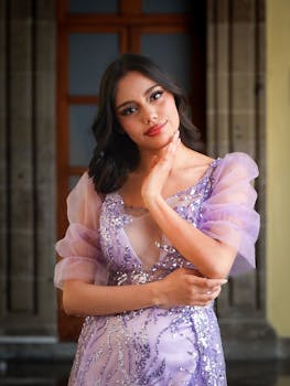 Portrait of a woman in a lavender sequined dress in Mexico City.