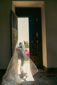 A mysterious silhouette of a person standing in sunlight behind a plastic veil, creating a dramatic scene.