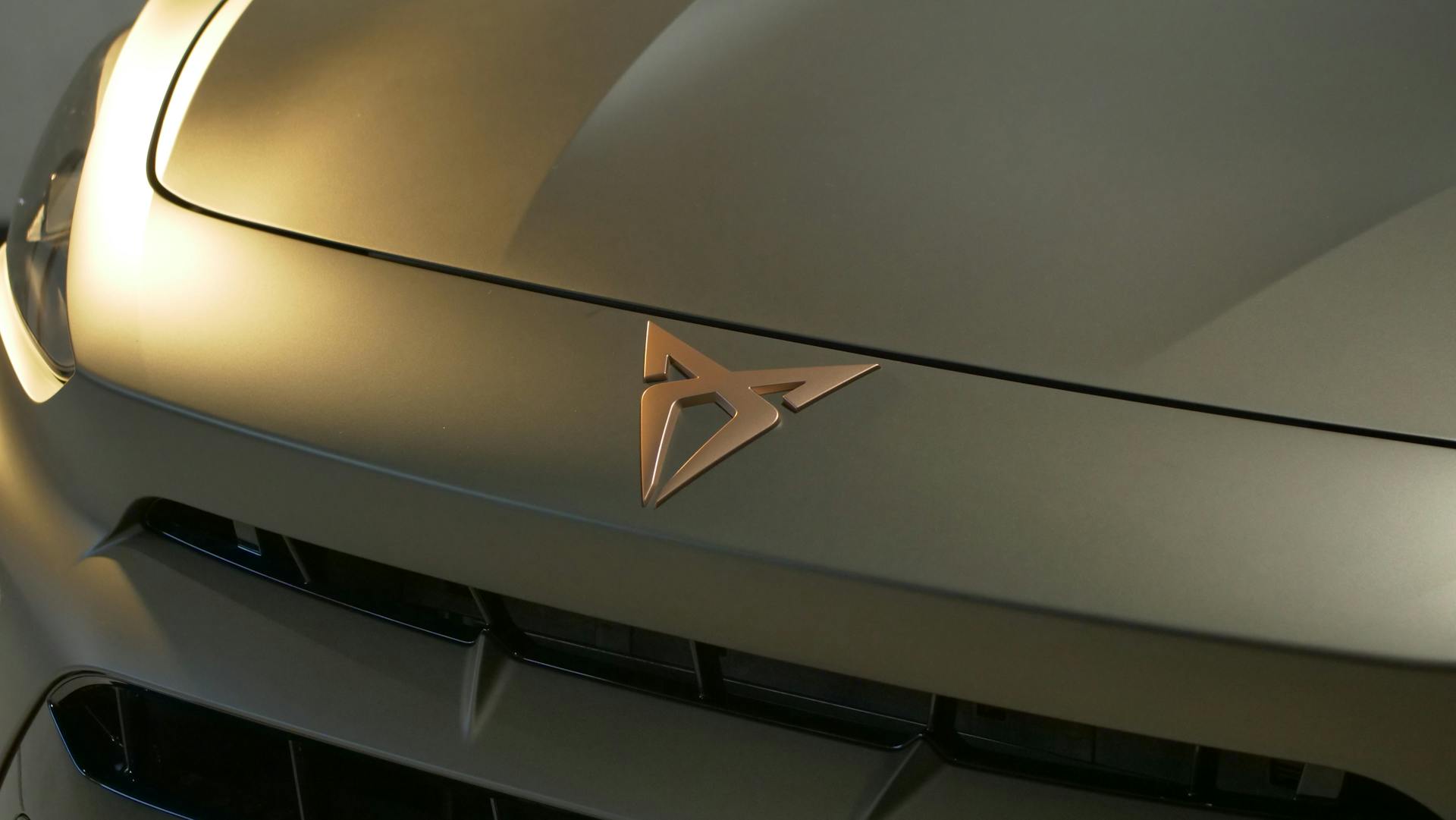 Detailed view of a car's front hood with a golden logo and sleek design.