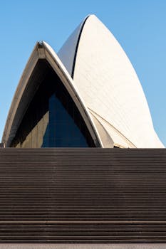 Front view of the iconic Sydney Opera House against a clear blue sky in Sydney, Australia.
