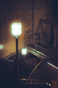 Moody industrial staircase with glowing lamps in a dimly lit environment.