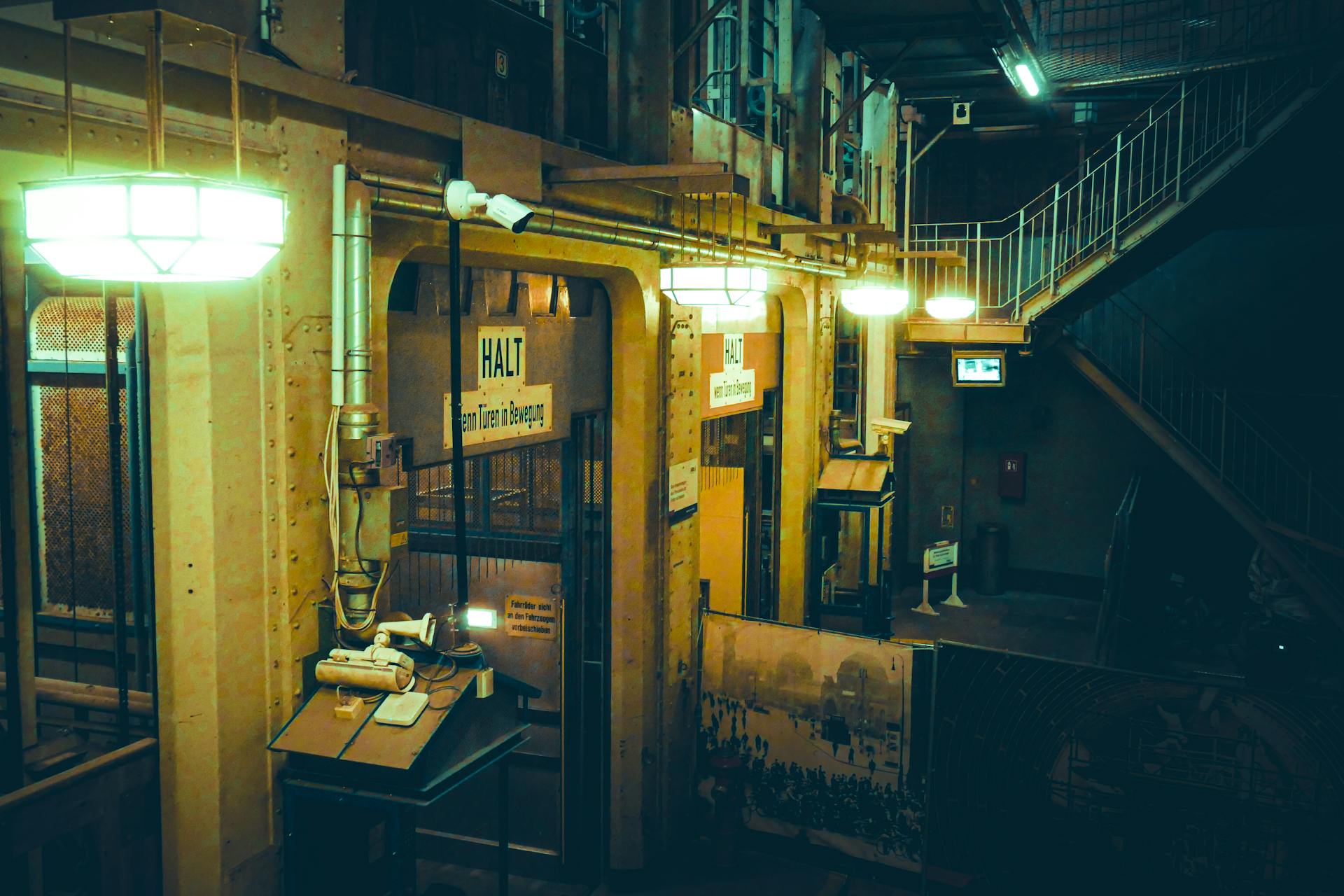 An atmospheric industrial interior featuring vintage machinery, glowing lamps, and German signage.