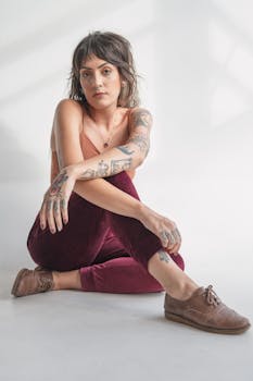 A fashionable woman with tattoos sitting confidently in a bright studio environment.