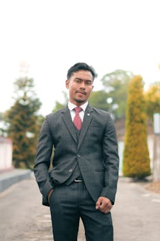 Confident young man in formal attire posing on a sunny day outdoors.