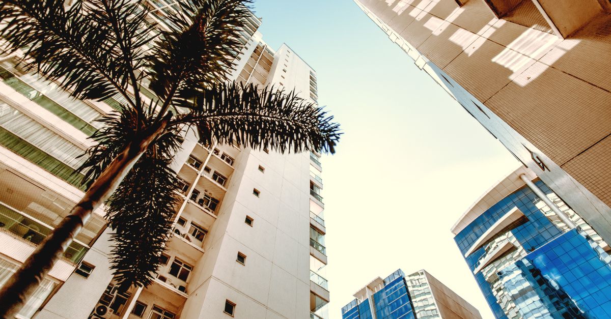 Photo by Jonathan Borba Low angle view of highrise buildings with palm trees, showcasing modern architecture under a bright sky.
