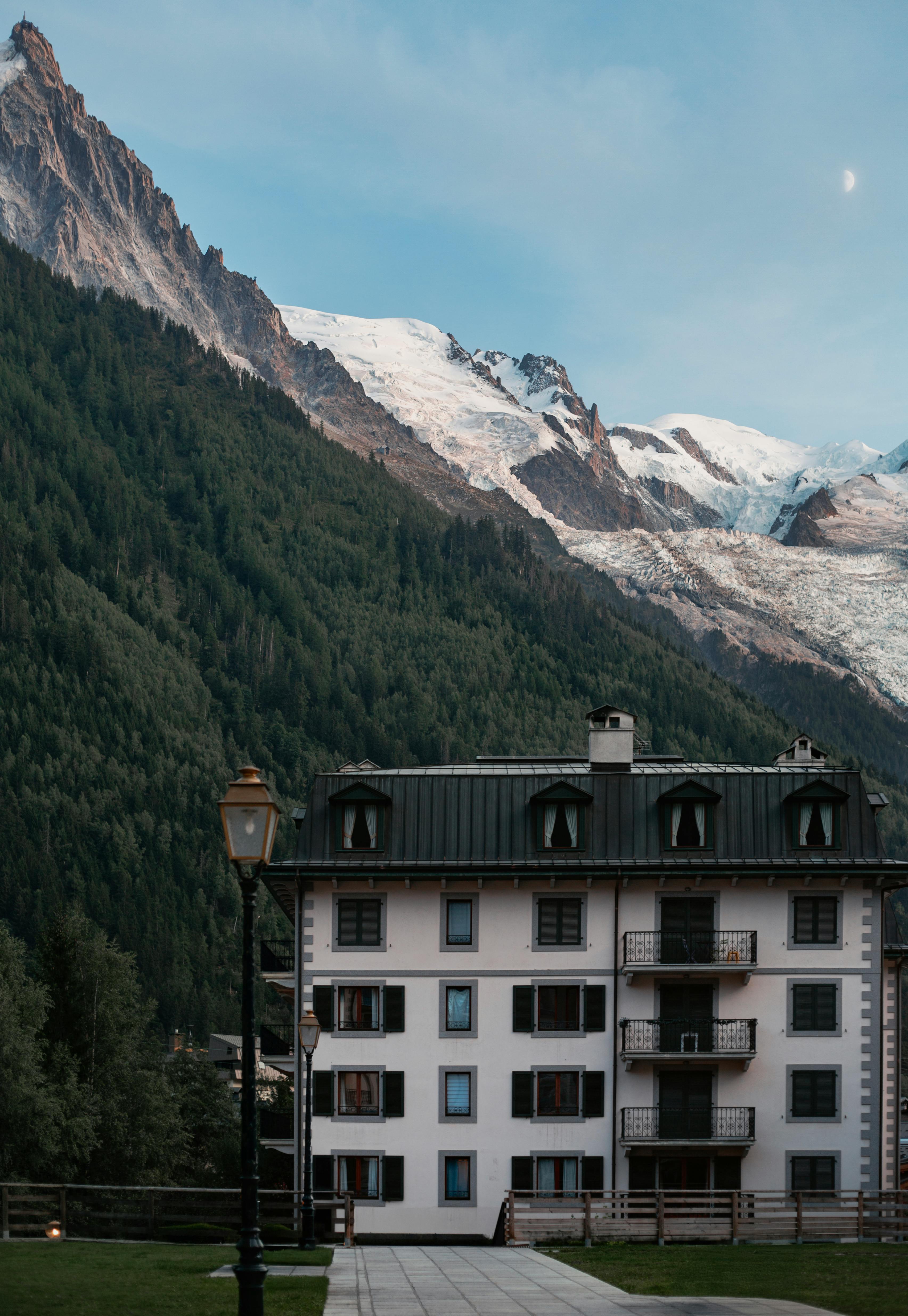 Scenic view of Chamonix village with Mont Blanc mountains in the background during the day.