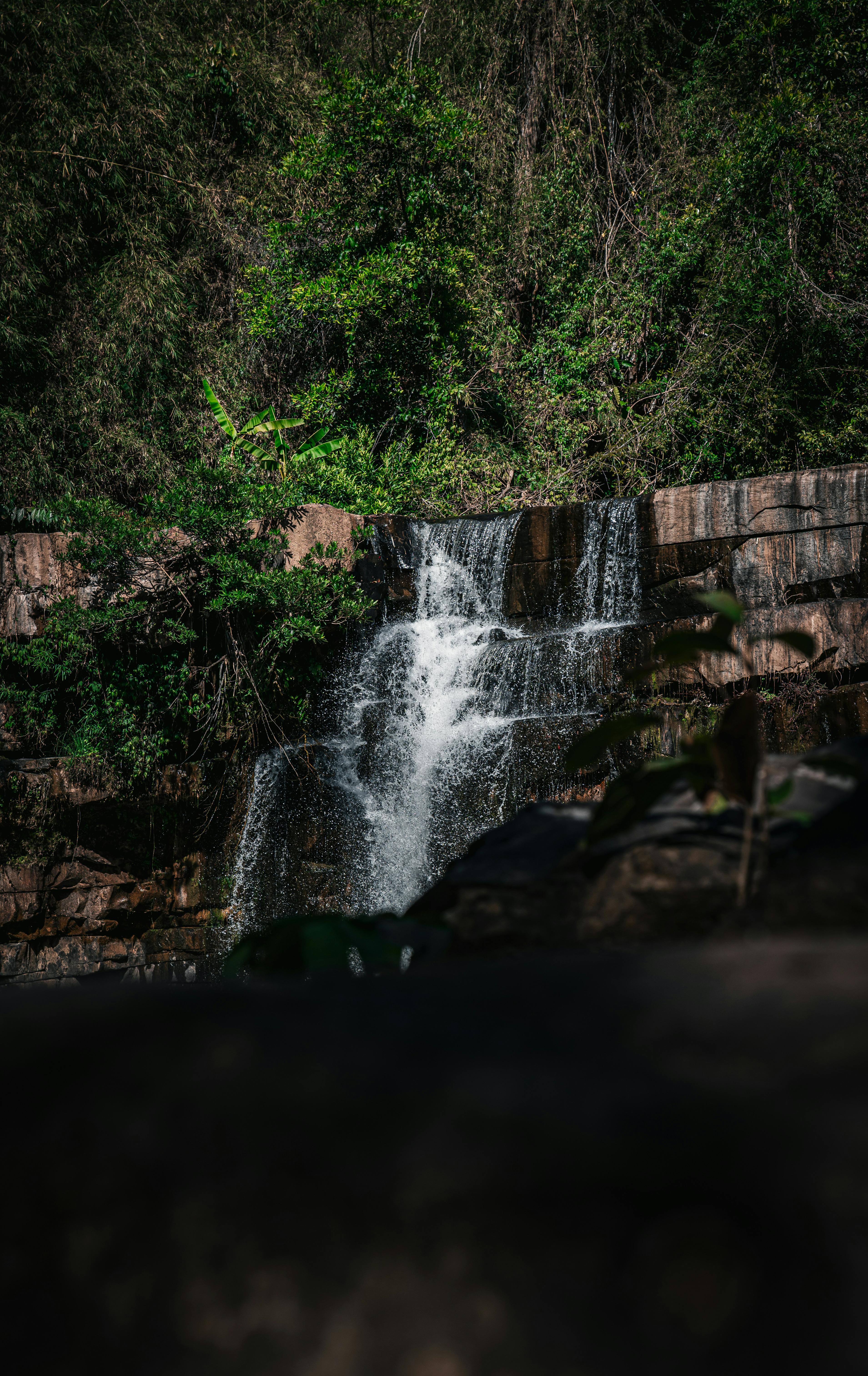 A tranquil waterfall cascading in a lush Thai forest, surrounded by vibrant greenery.