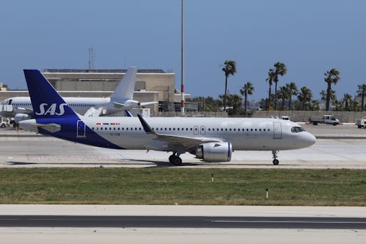 A Scandinavian Airlines airplane on the runway on a sunny day at an airport with palm trees.