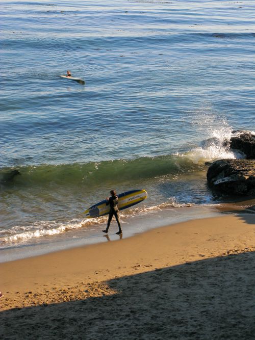免费 冲浪者在圣克鲁斯沙滩上扛着冲浪板，背景是海浪拍打的声音。 素材图片