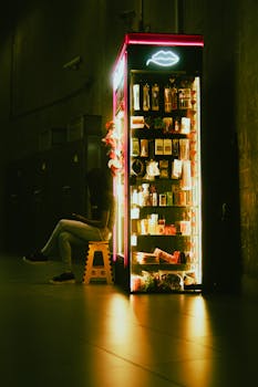 A person sitting beside a neon-lit vending machine in a dark, moody urban environment.