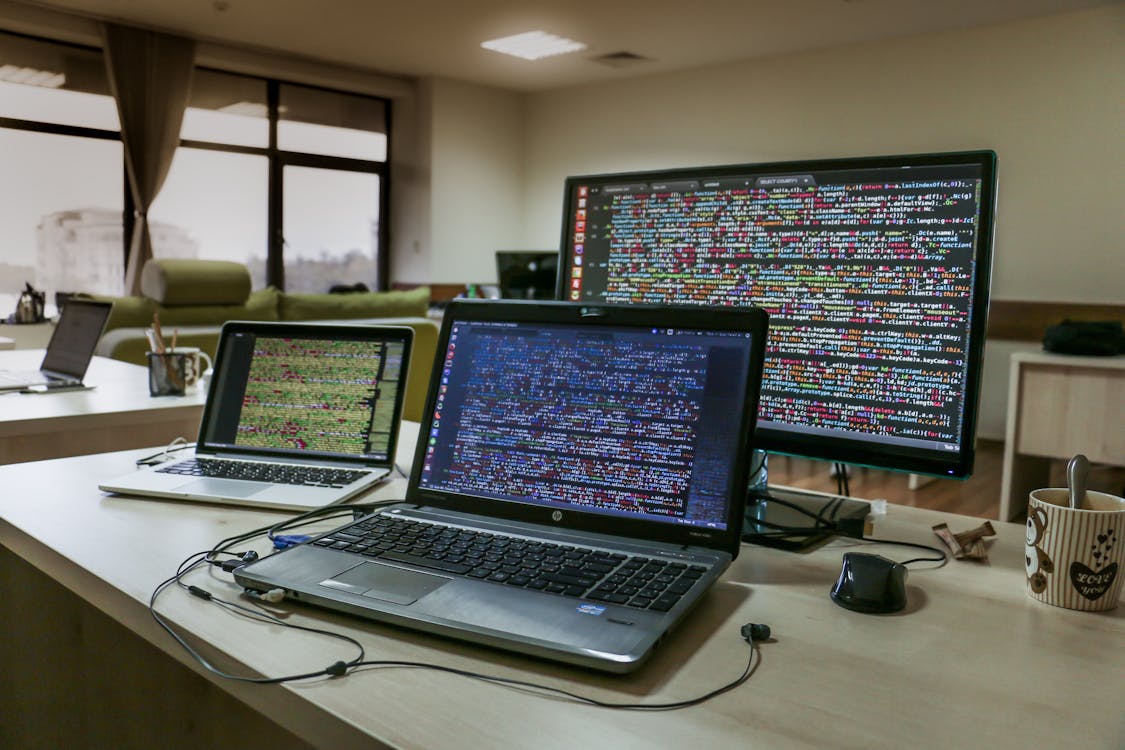 Free stock photo of coding, laptop, monitors