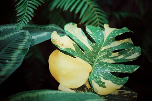 Close-up of a variegated monstera leaf with raindrops in a jungle setting.