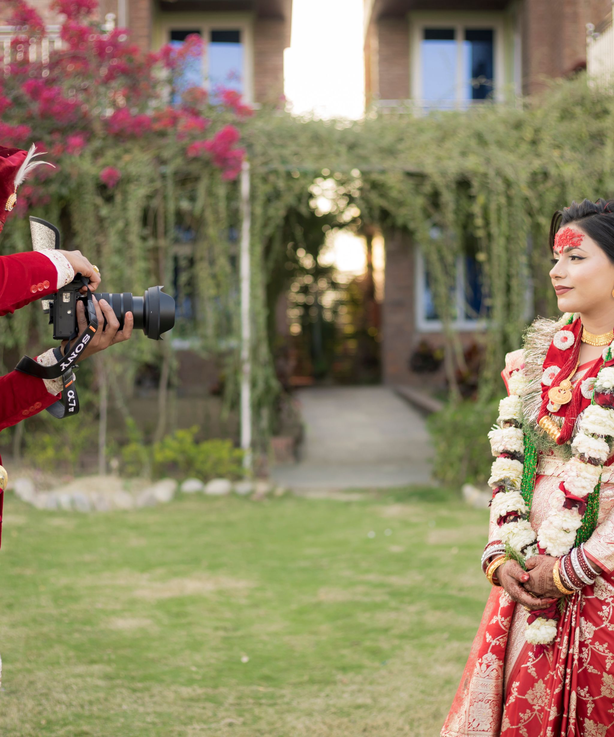 Wedding couple photographed outdoors