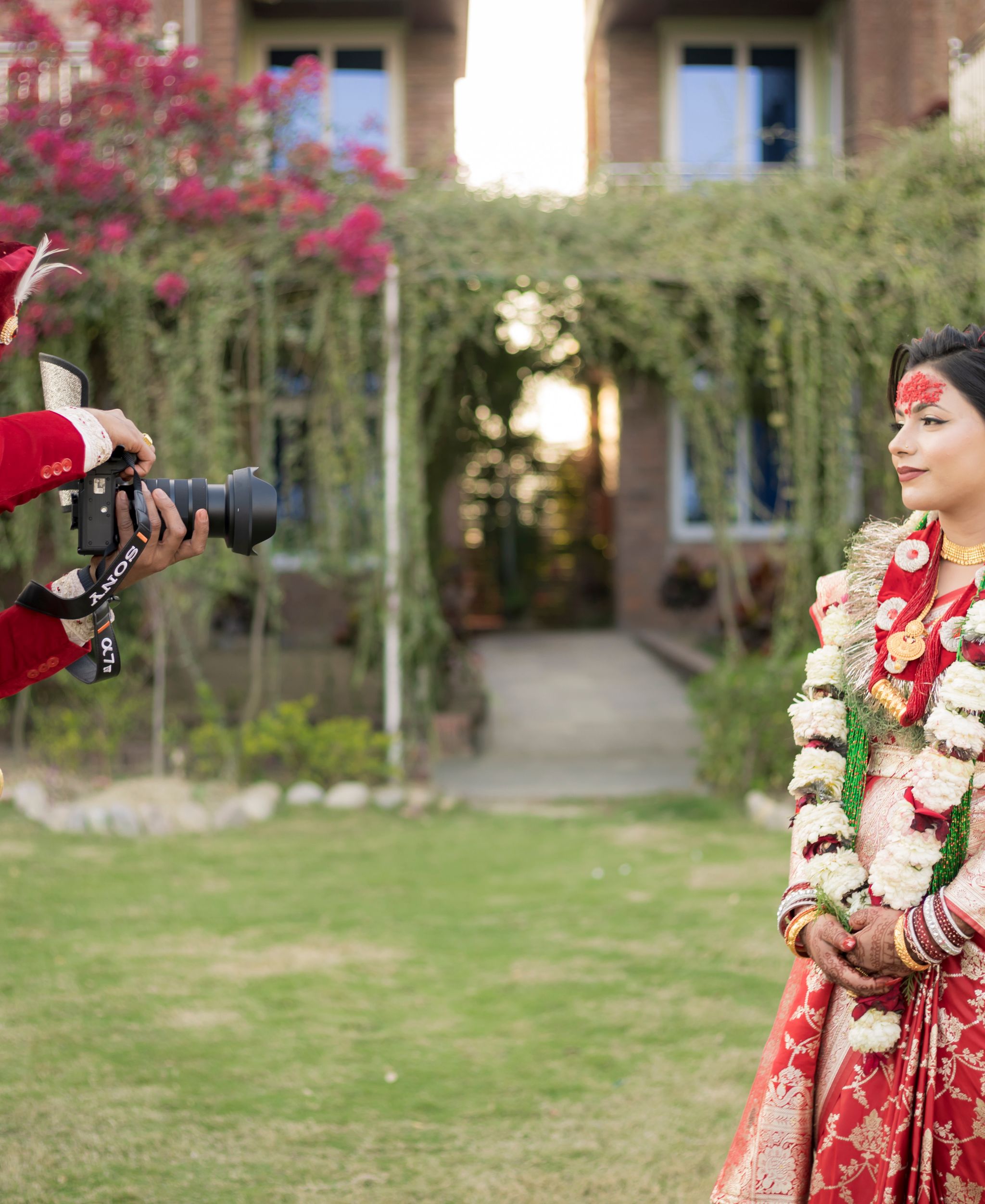 Wedding couple photographed outdoors