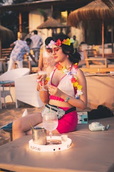 A lively beach party in India captured at sunset with people enjoying tropical cocktails and vibrant beachwear.