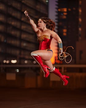 黄昏时分，一名身穿神奇女侠服装的女子在城市中跳跃的动态镜头