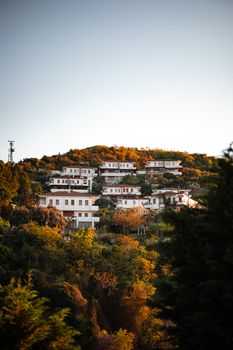 Charming hillside houses in Yalova, Türkiye bask in warm sunlight, surrounded by lush greenery.
